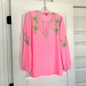 New Without Tags Lilly Pulitzer Pink Embroidered Linen Long Sleeve Top, Medium